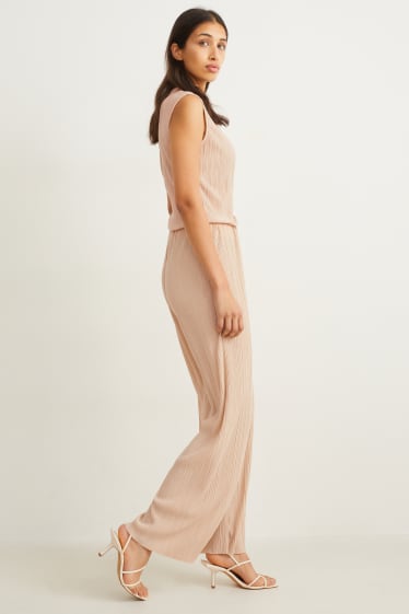 Donna - Pantaloni plissettati - vita alta - palazzo - beige chiaro