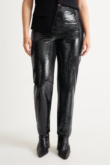 Dames - Paillettenbroek - high waist - tapered fit - zwart