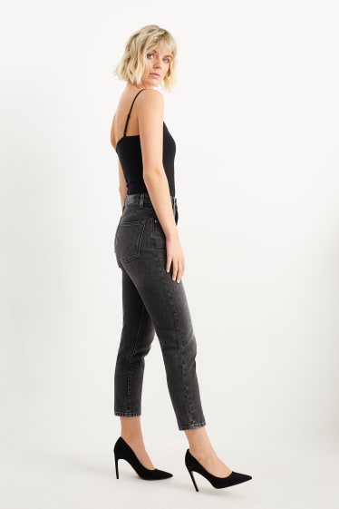 Dámské - Mom jeans se štrasovými kamínky - high waist - džíny - tmavošedé