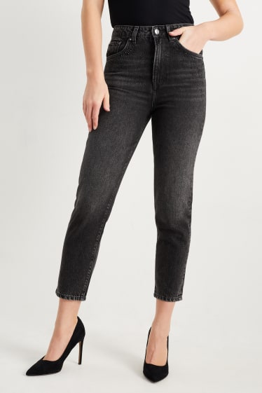 Dámské - Mom jeans se štrasovými kamínky - high waist - džíny - tmavošedé