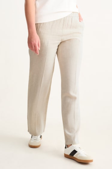 Mujer - Pantalón de lino - high waist - straight fit - beige claro