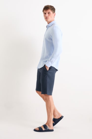 Men - Linen shorts with belt - striped - dark blue