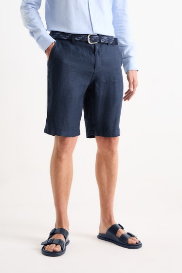 Men - Linen shorts with belt - striped - dark blue