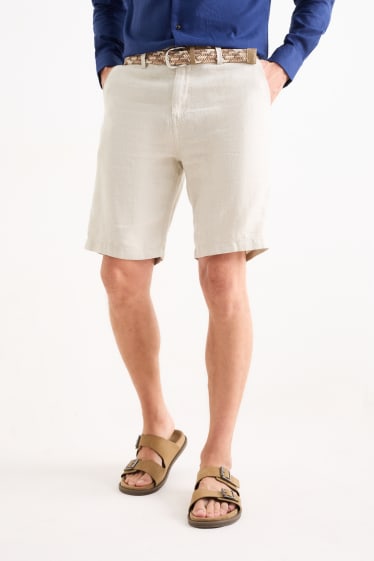 Hommes - Short en lin avec ceinture - beige