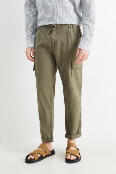 Hommes - Pantalon cargo - tapered fit - lin mélangé - vert