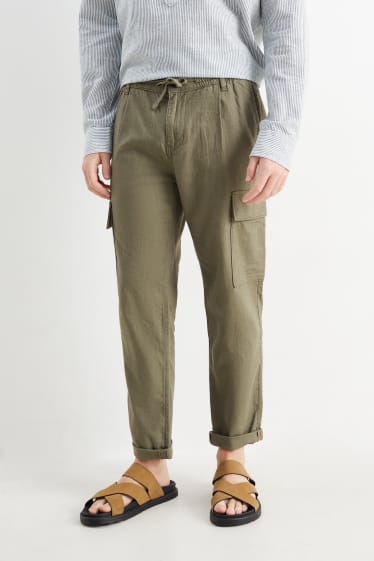 Pánské - Cargo kalhoty - tapered fit - lněná směs - zelená