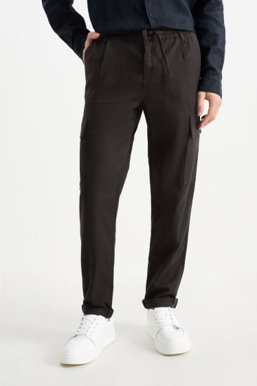 Mężczyźni - Spodnie bojówki - tapered fit - miks z lnem - czarny