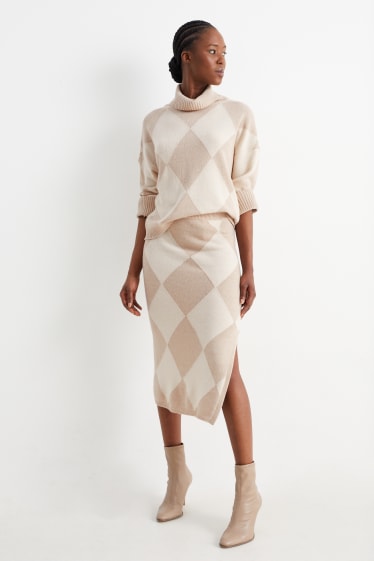 Donna - Gonna in maglia con cashmere - a quadretti - beige