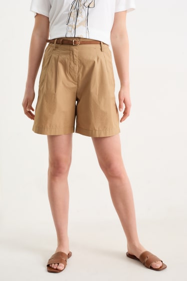Dámské - Šortky s páskem - high waist - hnědá
