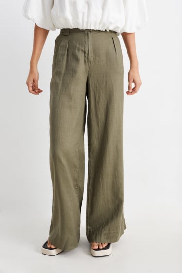 Donna - Pantaloni di lino - vita alta - gamba ampia - verde scuro
