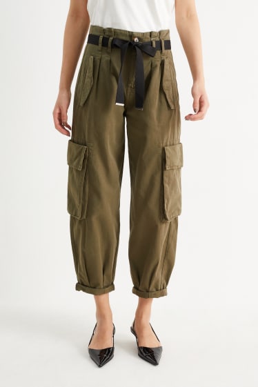 Dona - Pantalons cargo - high waist - tapered fit - verd fosc