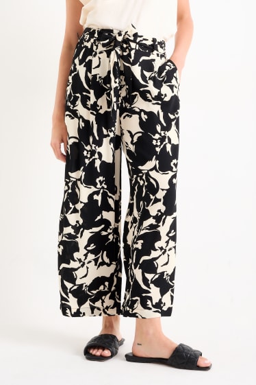 Dona - Pantalons de tela - high waist - wide leg - de flors - beix clar