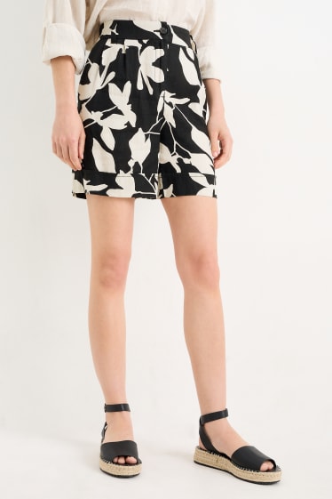 Donna - Shorts in lino - vita media - a fiori - nero