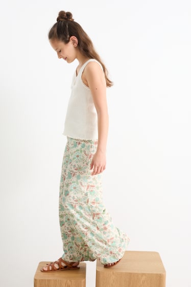 Dětské - Plátěné kalhoty - s květinovým vzorem - světle zelená