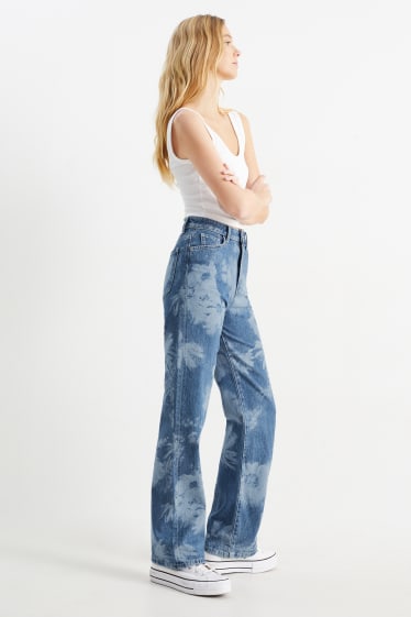 Damen - Loose Fit Jeans - High Waist - geblümt - jeansblau