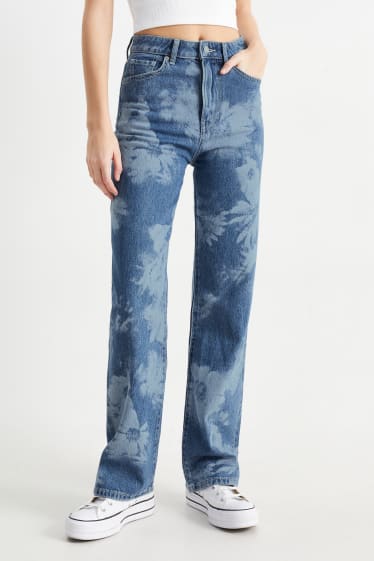 Damen - Loose Fit Jeans - High Waist - geblümt - jeansblau