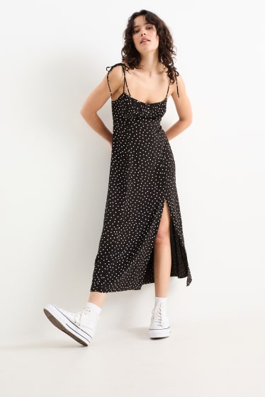Women - Dress with slit - polka dot - black