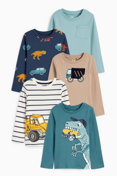 Enfants garçons - Lot de 5 - autos et dinosaures - hauts à manches longues - bleu foncé