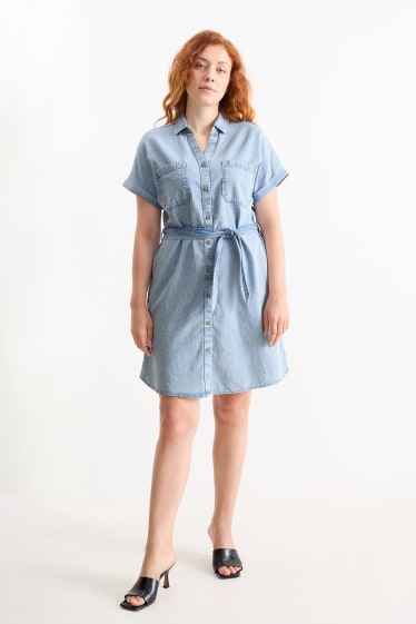 Women - V-neck denim shirt dress - denim-light blue