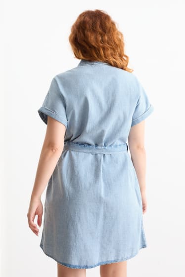 Women - V-neck denim shirt dress - denim-light blue