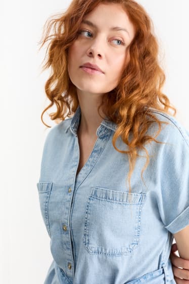 Women - V-neck denim shirt dress - denim-light blue