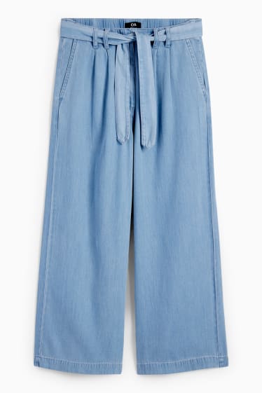 Dámské - Plátěné kalhoty - high waist - wide leg - světle modrá