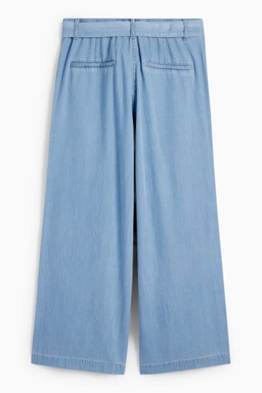 Dámské - Plátěné kalhoty - high waist - wide leg - světle modrá
