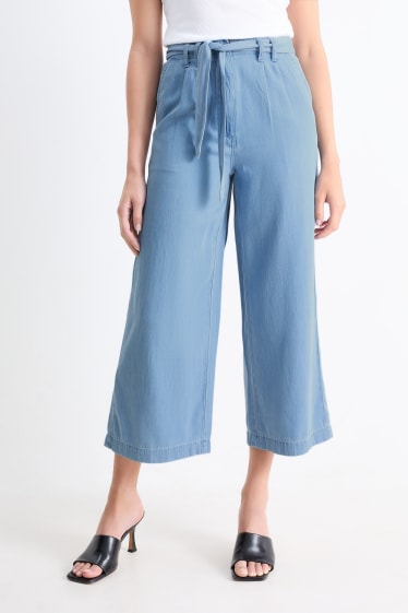 Dámské - Plátěné kalhoty - high waist - wide leg - světle modrá