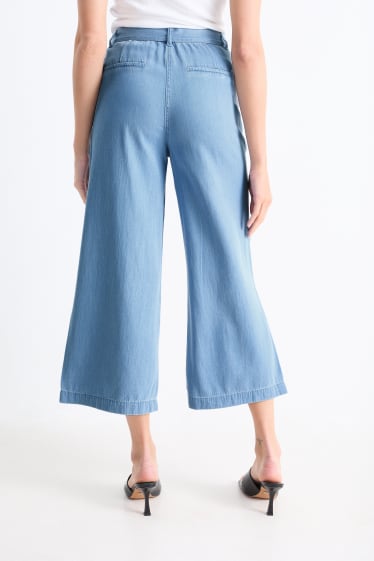 Dámské - Plátěné kalhoty - high waist - wide leg - světle modrá