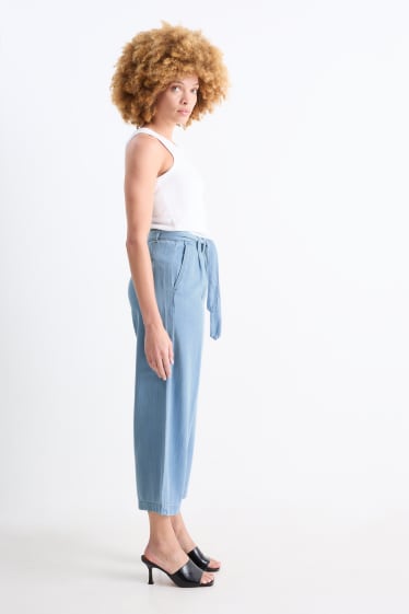 Dámské - Plátěné kalhoty - high waist - wide leg - světle modrá