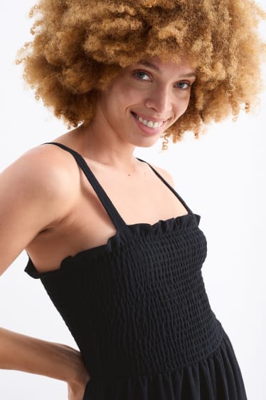 Damen - A-Linien Kleid - gesmokt - schwarz