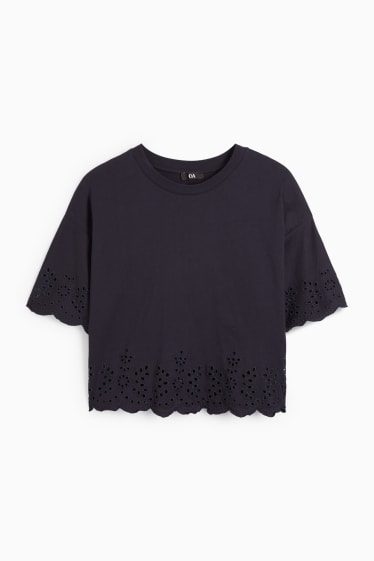 Damen - T-Shirt - Broderie Anglaise - dunkelblau