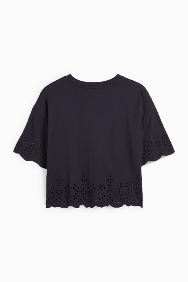 Damen - T-Shirt - Broderie Anglaise - dunkelblau