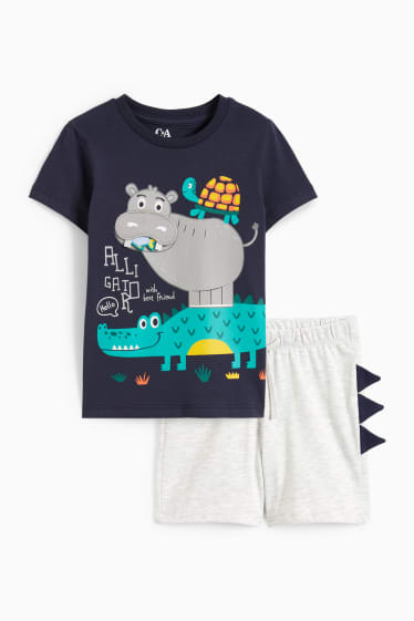 Children Boys - Wild animals - set - short sleeve T-shirt and shorts - 2 piece - blue / gray