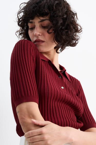 Damen - Strickpullover - kurzarm - dunkelrot