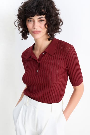 Damen - Strickpullover - kurzarm - dunkelrot