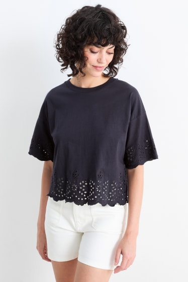 Damen - T-Shirt - Broderie Anglaise - dunkelblau