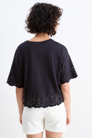 Damen - T-Shirt - Broderie Anglaise - dunkelblau