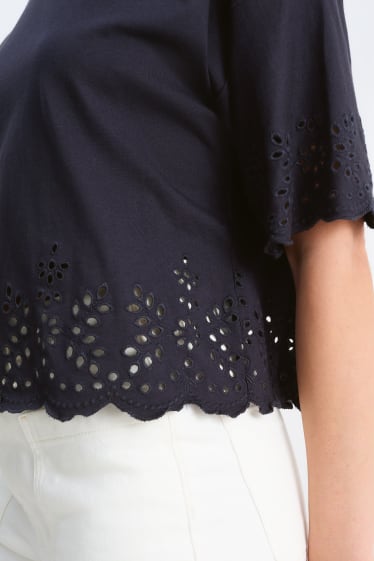 Damen - T-Shirt - Broderie Anglaise - dunkelblau