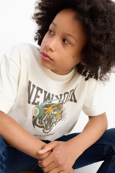 Kinder Jungen - Tiger - Kurzarmshirt - cremeweiß