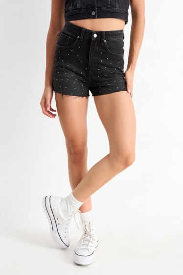 Dona - Texans curts amb pedres d’estràs - high waist - negre