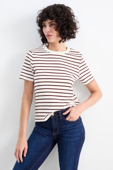 Damen - T-Shirt - gestreift - braun / cremeweiß