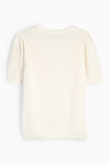Damen - Strickpullover mit V-Ausschnitt - kurzarm - cremeweiß