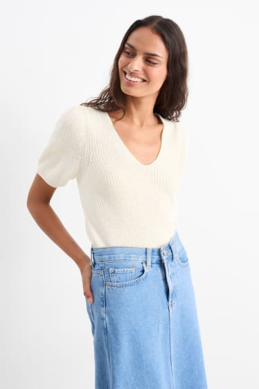 Damen - Strickpullover mit V-Ausschnitt - kurzarm - cremeweiß