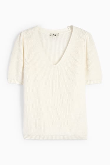 Damen - Strickpullover mit V-Ausschnitt - kurzarm - cremeweiß