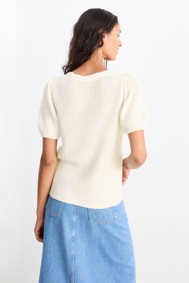 Damen - Strickpullover mit V-Ausschnitt - kurzarm - cremeweiß