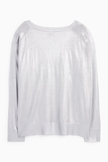 Donna - Maglione in maglia fine scollo a V - effetto brillante - argento