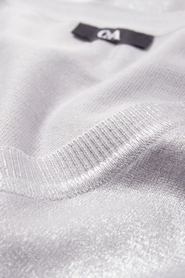 Donna - Maglione in maglia fine scollo a V - effetto brillante - argento
