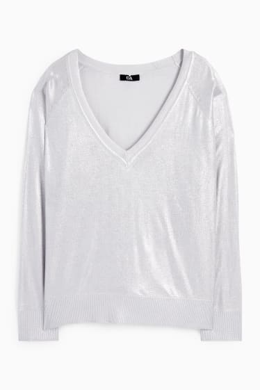 Donna - Maglione in maglia fine scollo a V - effetto brillante - argento
