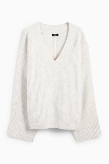 Kobiety - Sweter z dekoltem w serek - prążki - jasnoszary